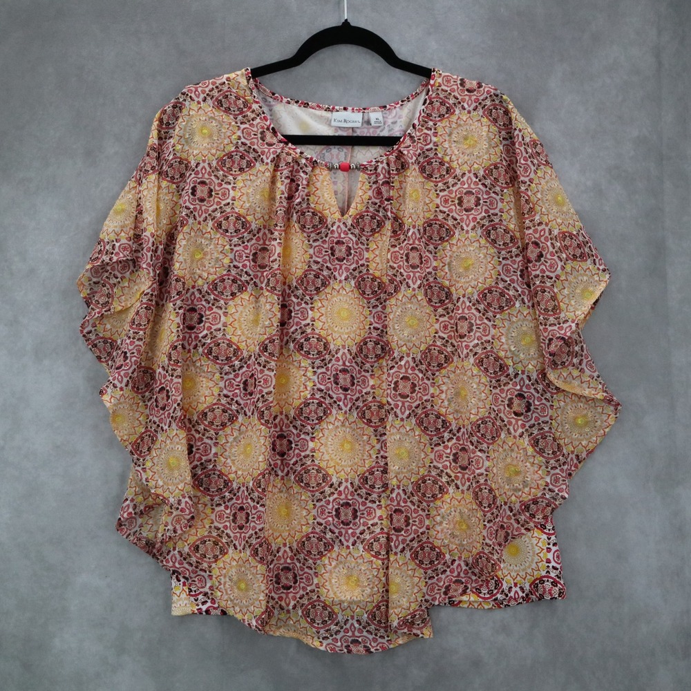 Kim Rogers Yellow Floral Dolam Casual Daisy Shine Palm Spring Bead Top Blouse XL